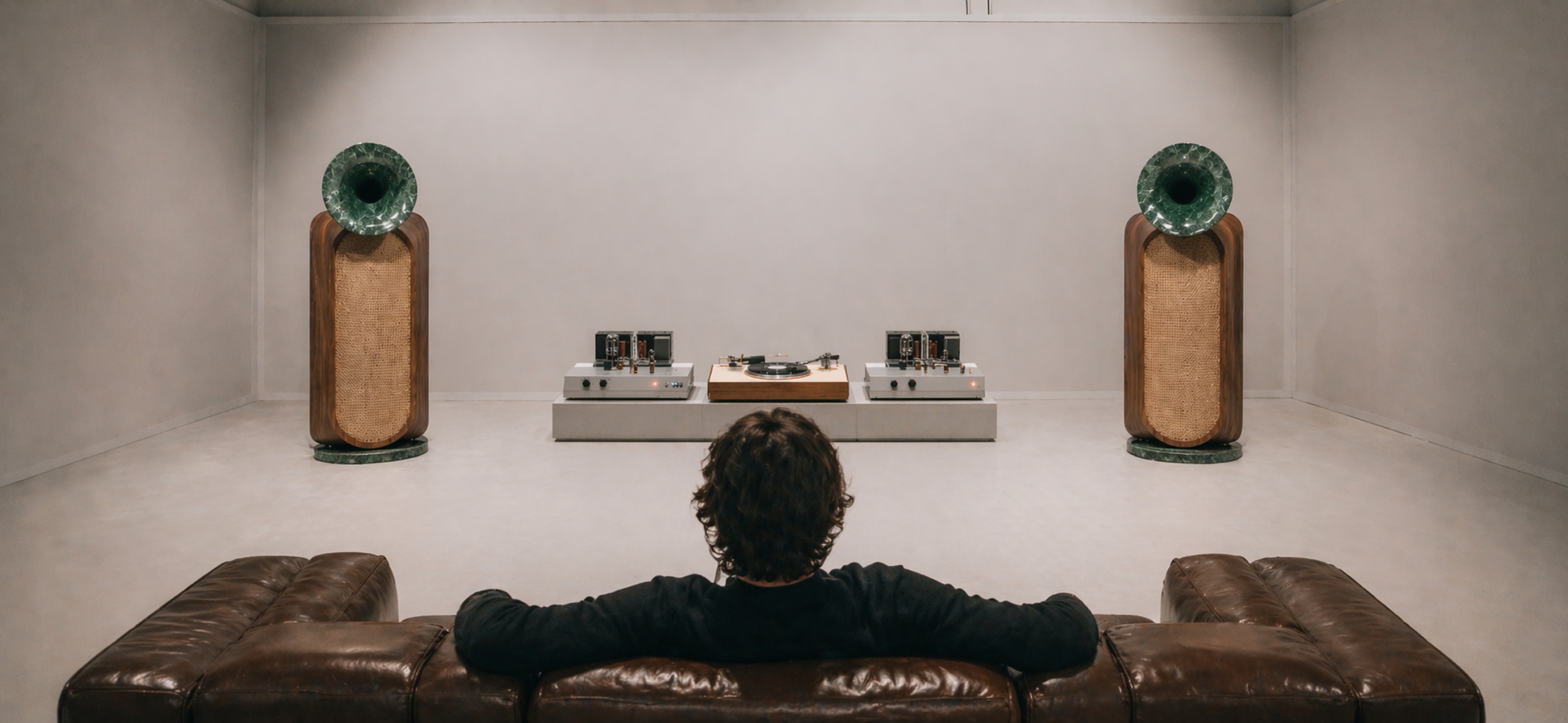 A listener sits alone on a leather sofa facing paired Bespoke Professional speakers with horn tops and cane grilles, flanking tube monoblocks and a turntable.