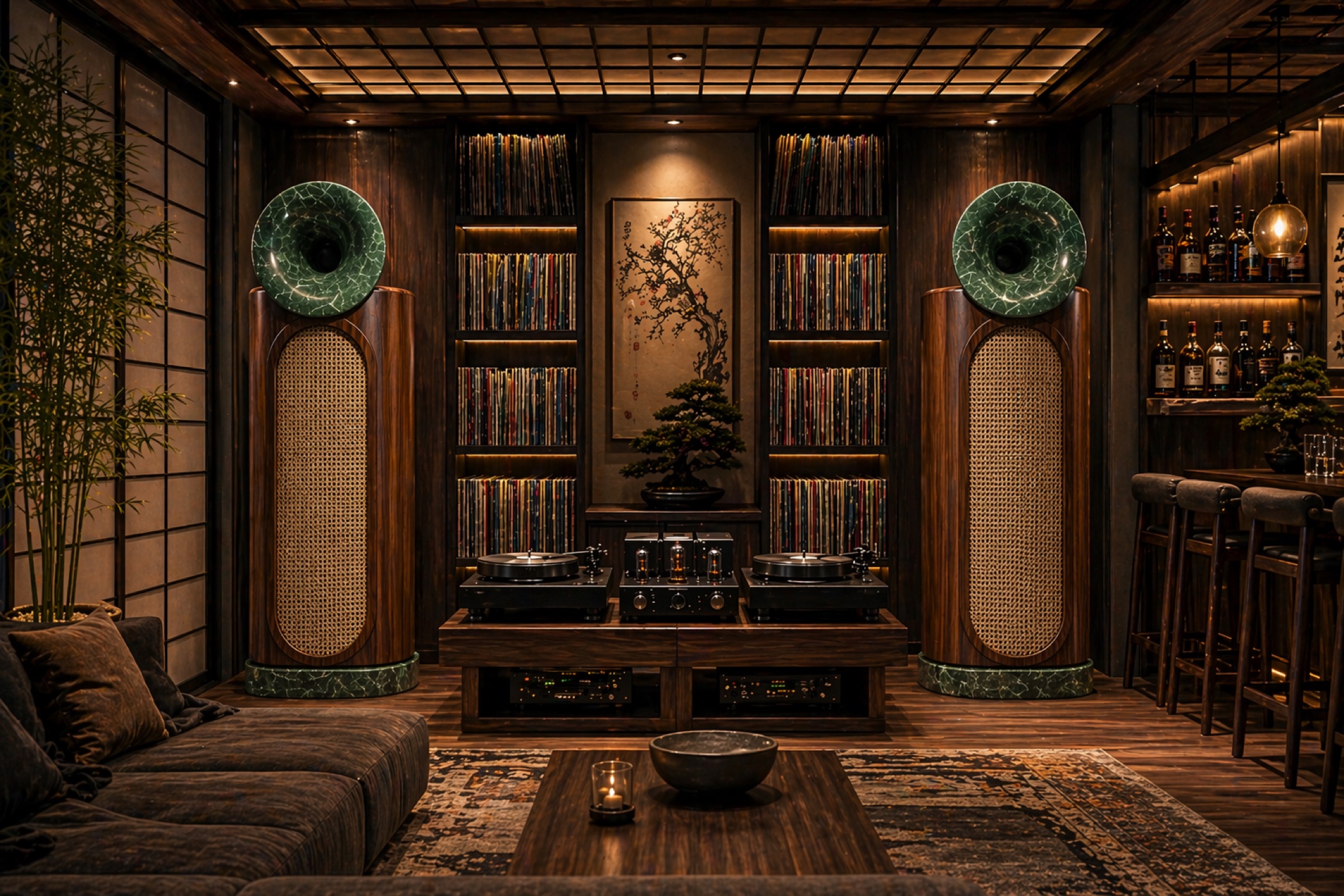 Bespoke Professional AURALIS speakers — gramophone horn with green serpentine marble, cane grille, paired with a turntable and tube amplification in a private listening room.